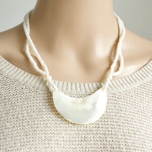 Vintage Mother of Pearl Crescent Moon Pendant Necklace White Heishi Shell Beads